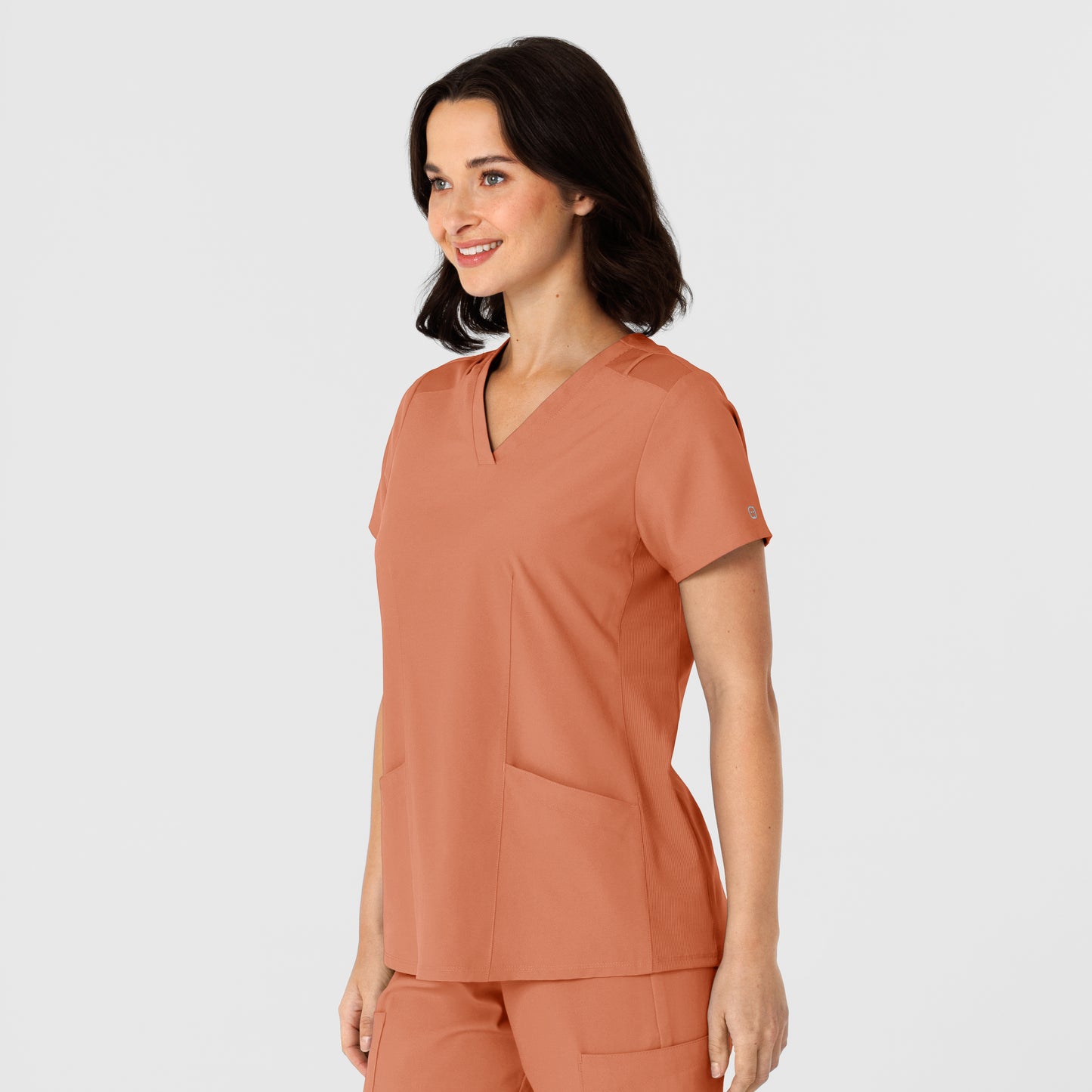 W123 6145 Flex-n-Reach Side Panel V-Neck Scrub Top Terracotta Model Image Right Side | Wink