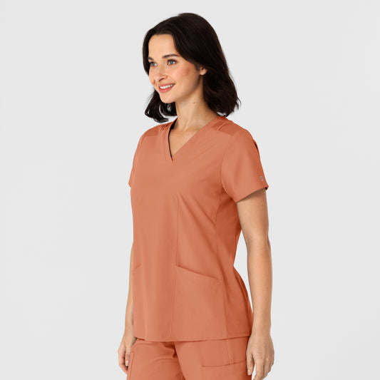 W123 6145 Flex-n-Reach Side Panel V-Neck Scrub Top Terracotta Model Image Right Side | Wink