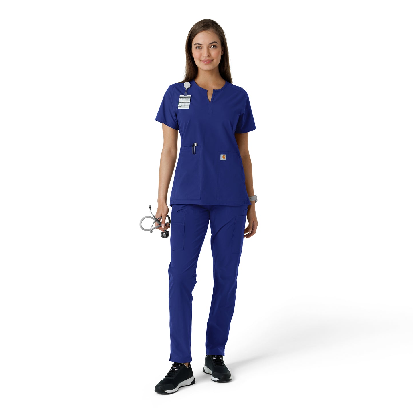 Force Essentials C12413 Women's Notch Neck Tunic Knit Panel Scrub Top Galaxy Blue