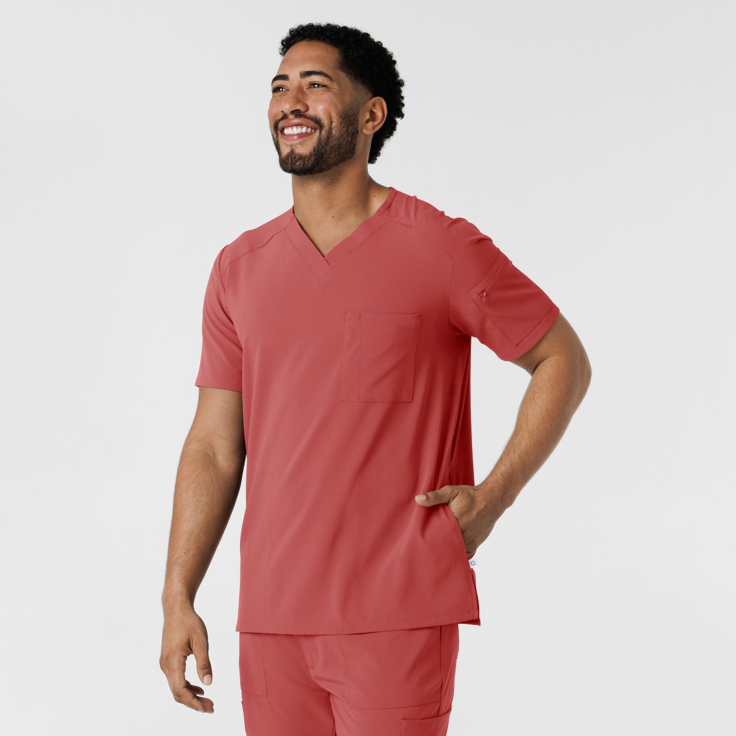 RENEW 6834 Men's V-Neck 5 Pocket Scrub Top Mineral Red Model Image Right Side | Wink