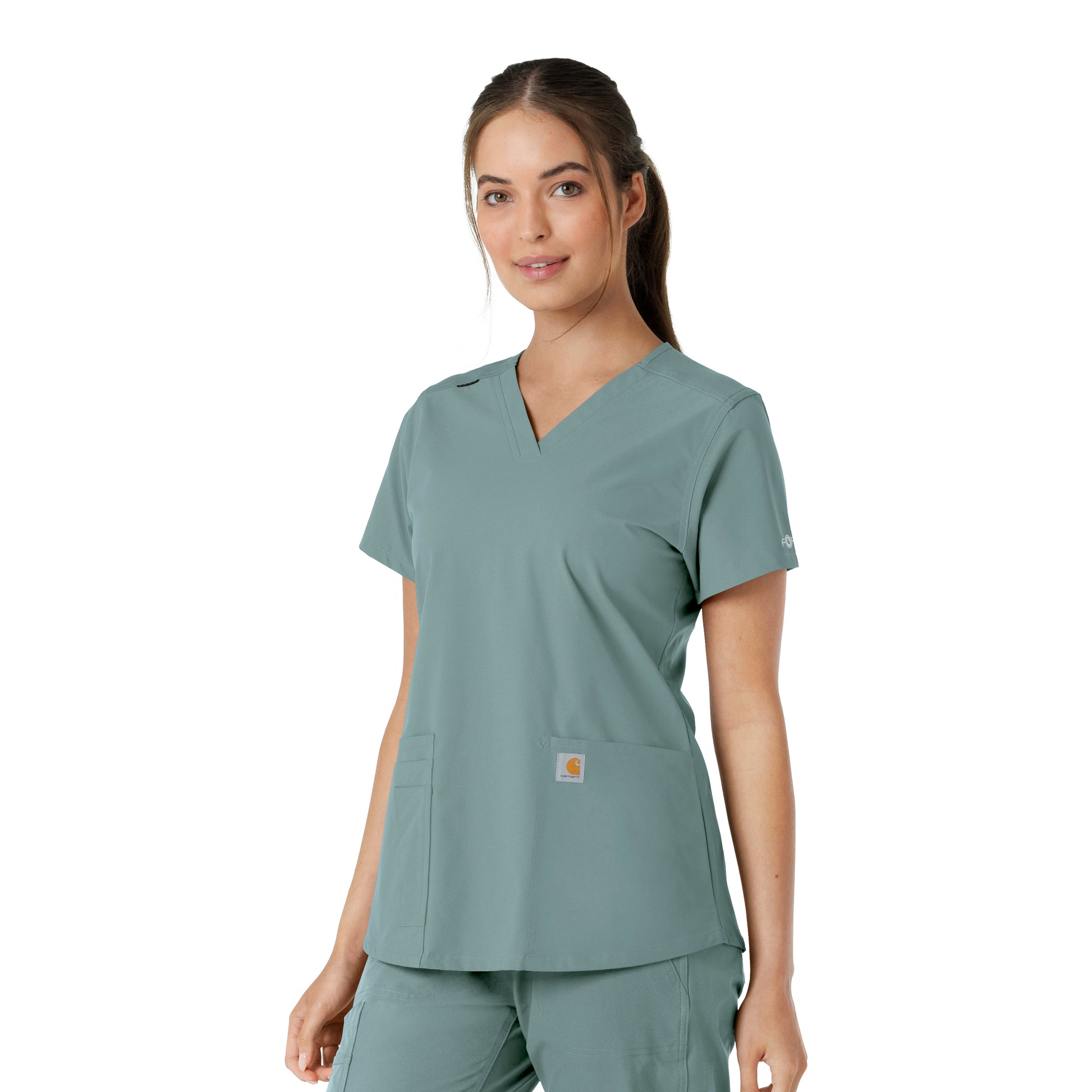 Force Essentials C12313 V-Neck Knit Panel Scrub Top Summer Blue Model Image Left Side | Carhartt