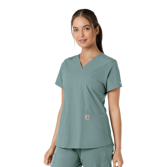 Force Essentials C12313 V-Neck Knit Panel Scrub Top Summer Blue Model Image Right Side | Carhartt