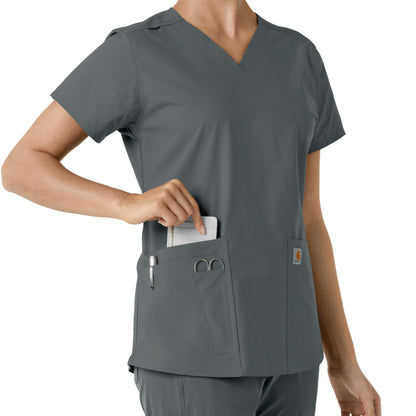 Force Essentials C12313 V-Neck Knit Panel Scrub Top Pewter Model Image Alternate | Carhartt