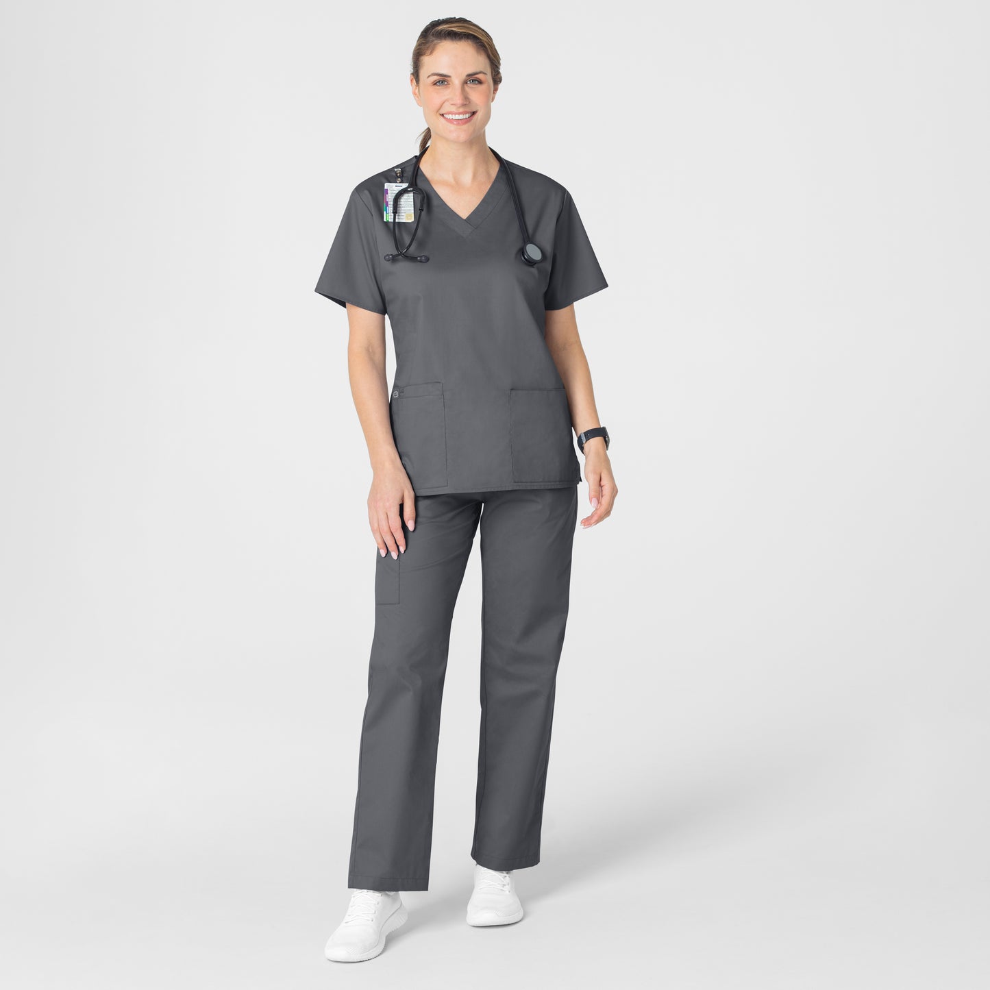 WonderWORK 101 V-Neck Scrub Top Pewter Model Image Alternate | Wink