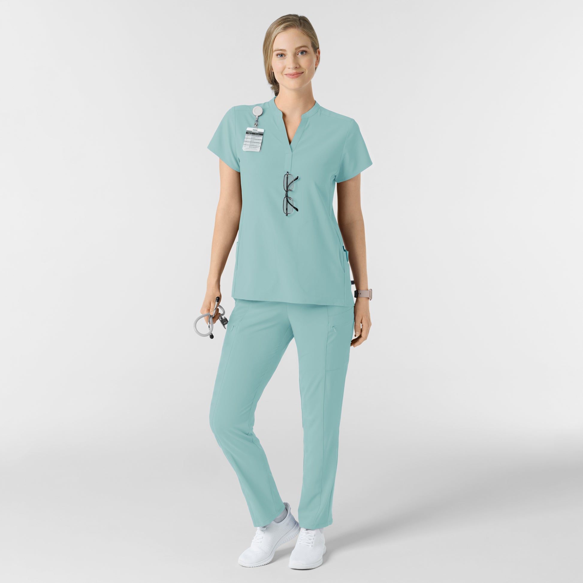RENEW 6734 Women's Mandarin Collar Scrub Top Coastal Blue