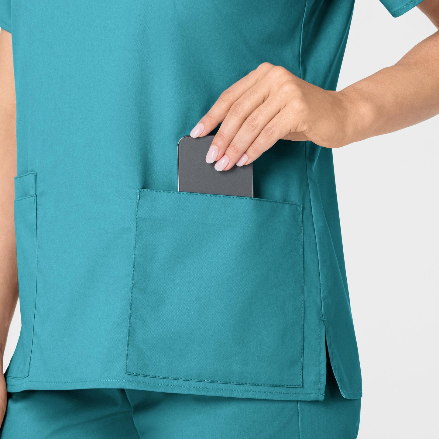 WonderWORK 101 V-Neck Scrub Top Teal Blue Model Image Alternate | Wink