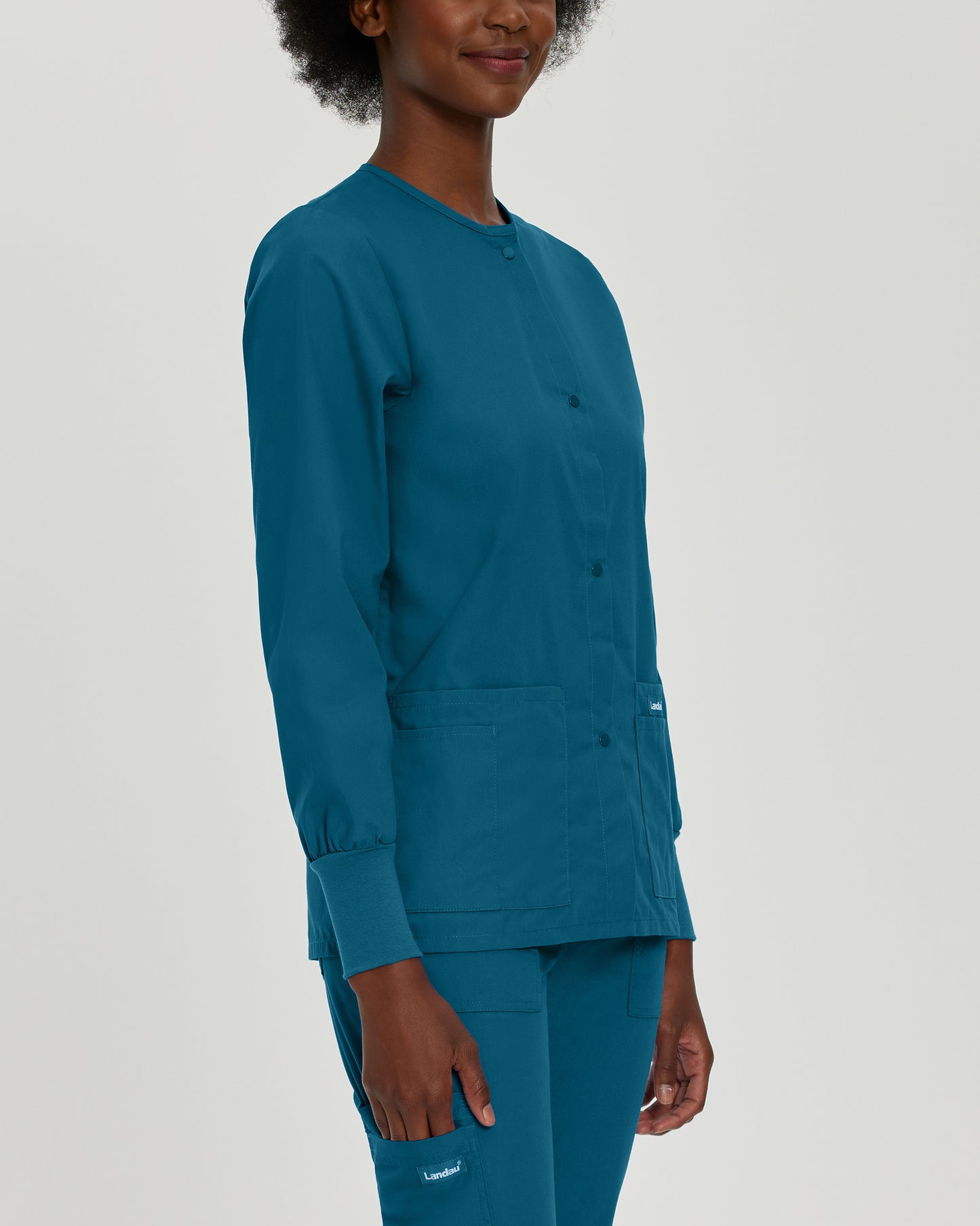 Essentials 7525 Women's 4 Pocket Warm Up Scrub Jacket Caribbean Image