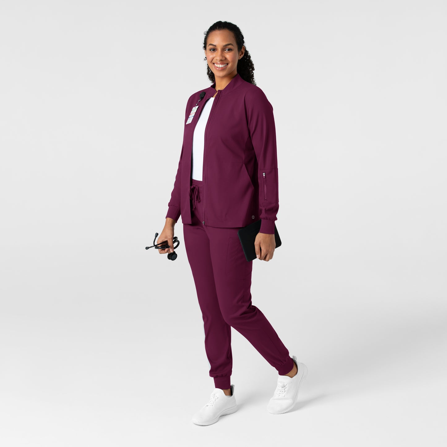 Boundless 8151 Warm Up Scrub Jacket Wine Model Image Alternate | Wink