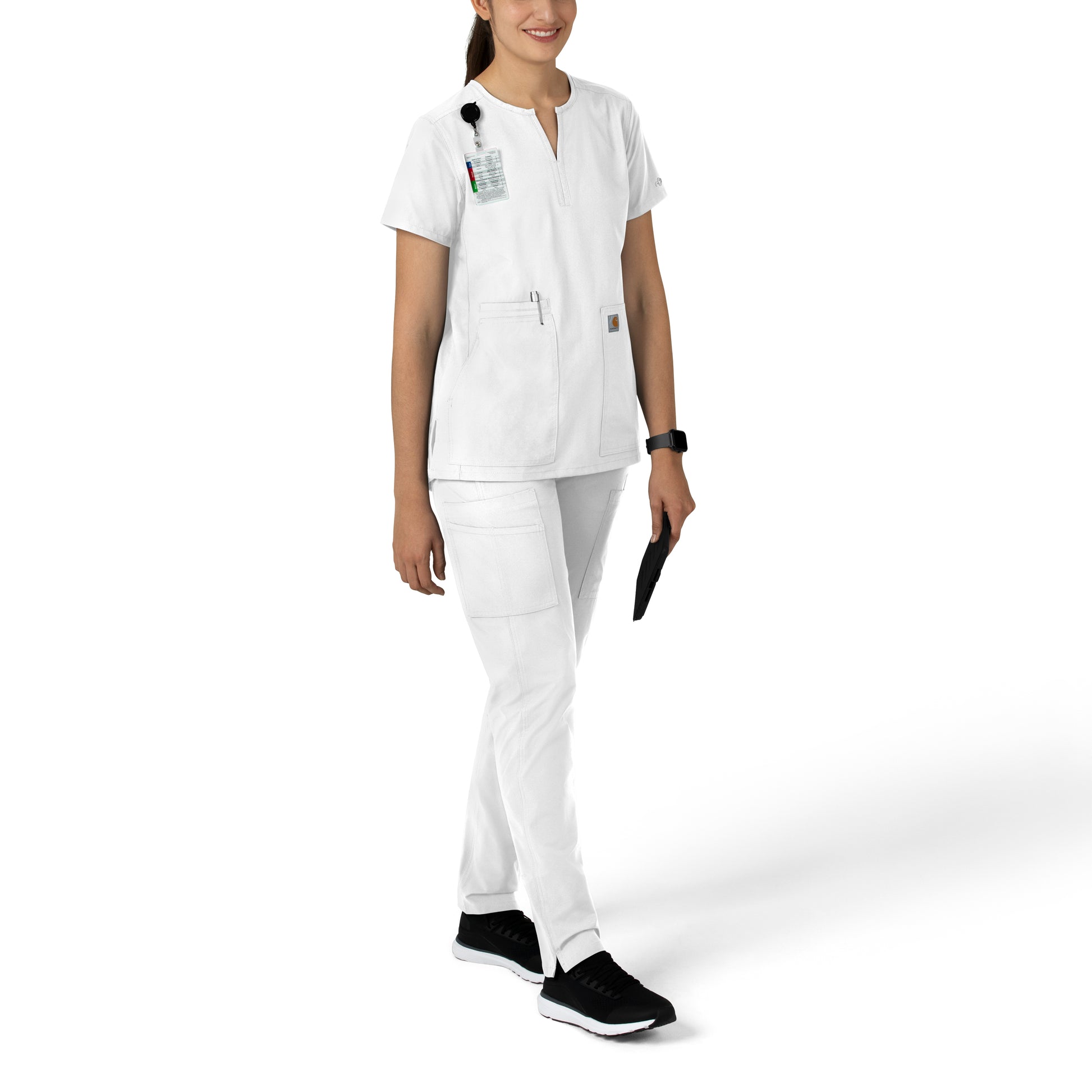 Force Essentials C12213 Notch Neck Tunic Scrub Top White Model Image Right Side | Carhartt