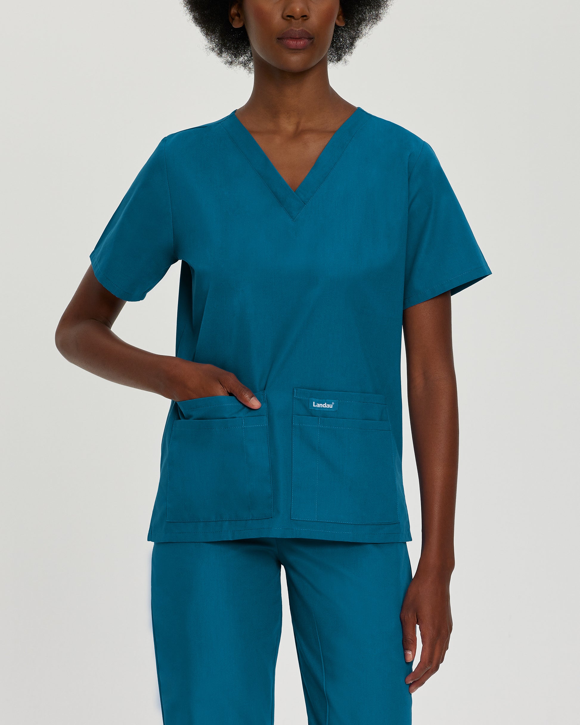 Essentials 8219 Women's 4 Pocket V Neck Scrub Top Caribbean Image