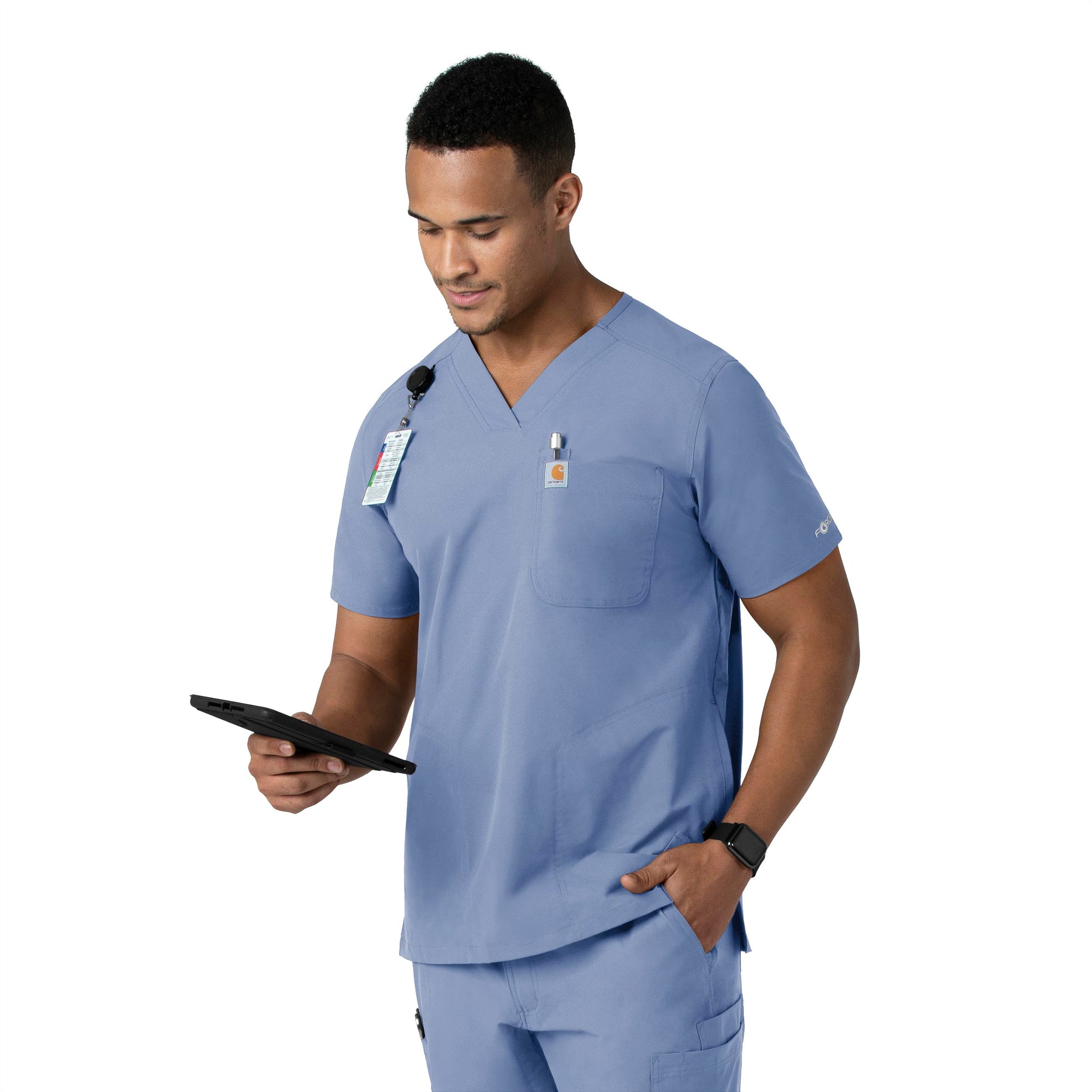 Force Essentials C16113 Men's V-Neck Shirttail Scrub Top Ceil Blue Model Image Left Side | Carhartt