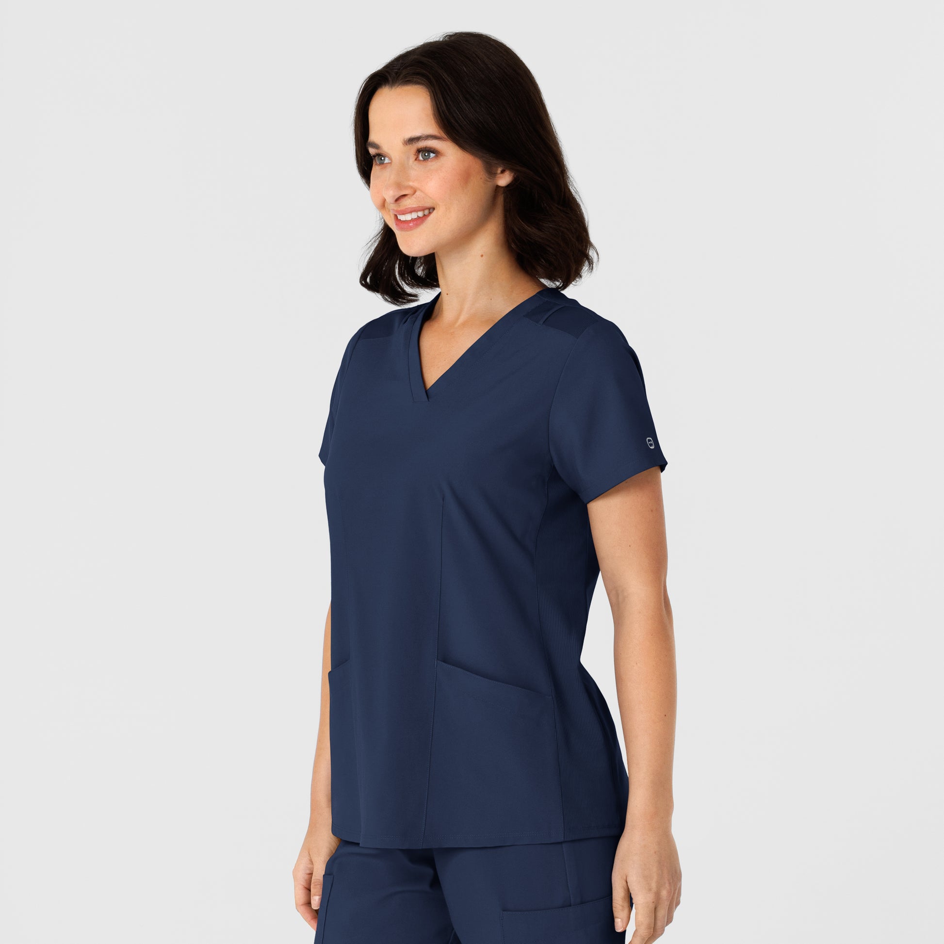 W123 6145 Flex-n-Reach Side Panel V-Neck Scrub Top Navy Model Image Right Side | Wink