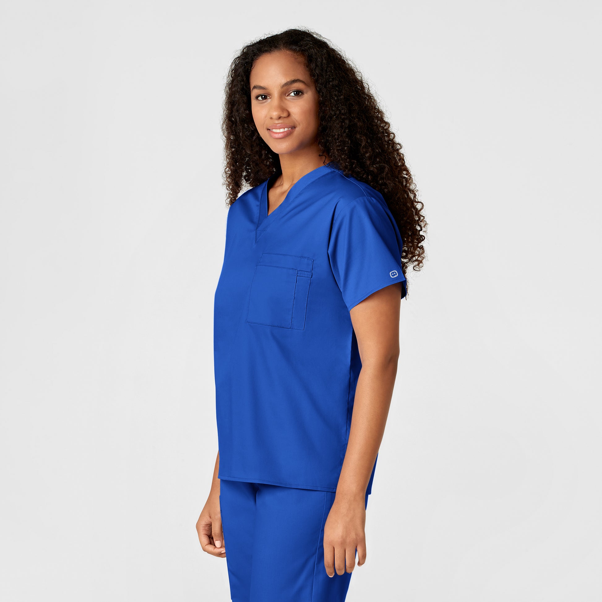 WonderWORK 100 Unisex V-Neck Scrub Top Royal Model Image Left Side | Wink