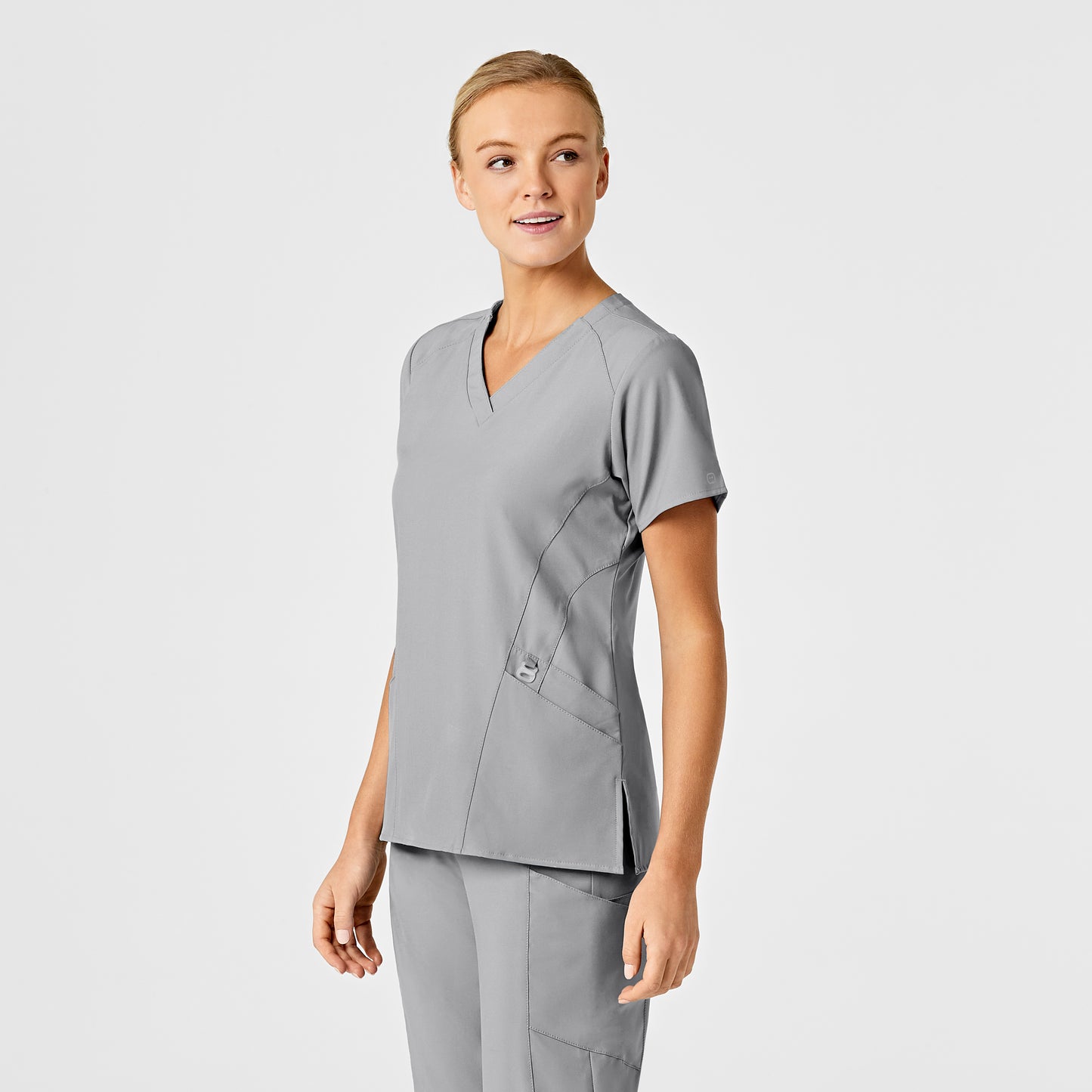 W123 6155 Stylized V-Neck Scrub Top Grey Model Image Left Side | Wink