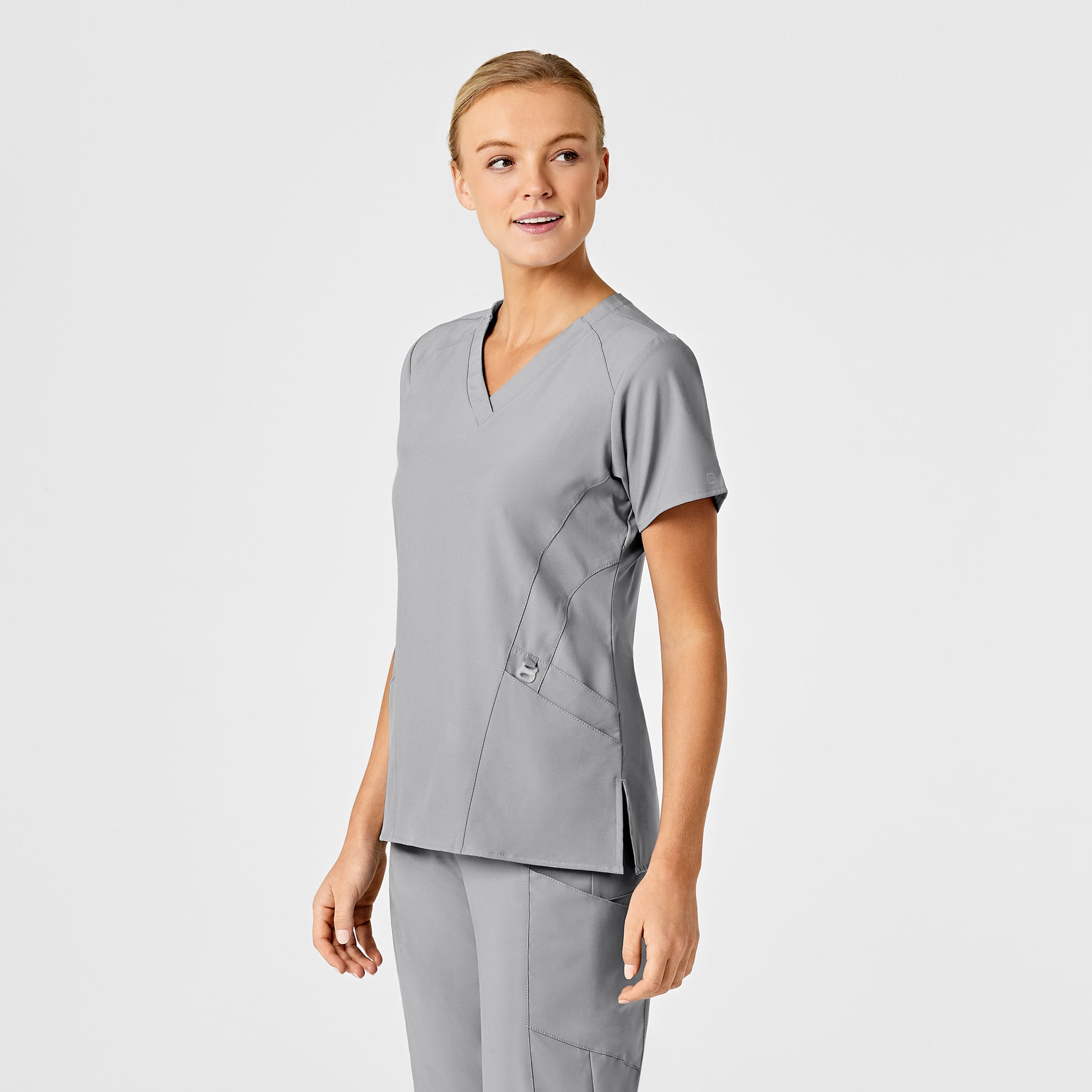 W123 6155 Stylized V-Neck Scrub Top Grey Model Image Right Side | Wink