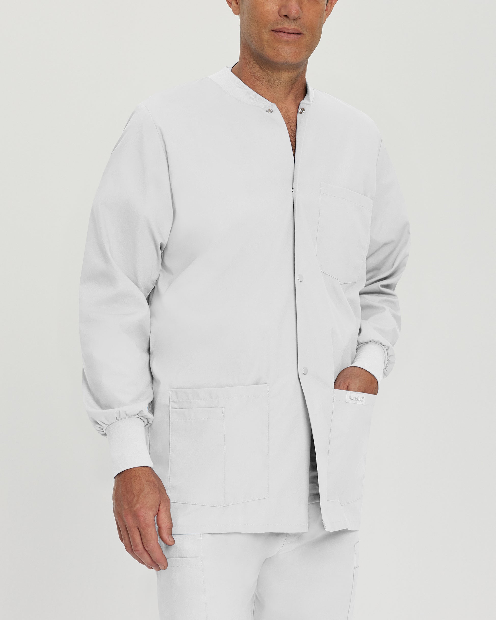 Essentials 7551 Men's 5 Pocket Warm Up Scrub Jacket White Twill Image