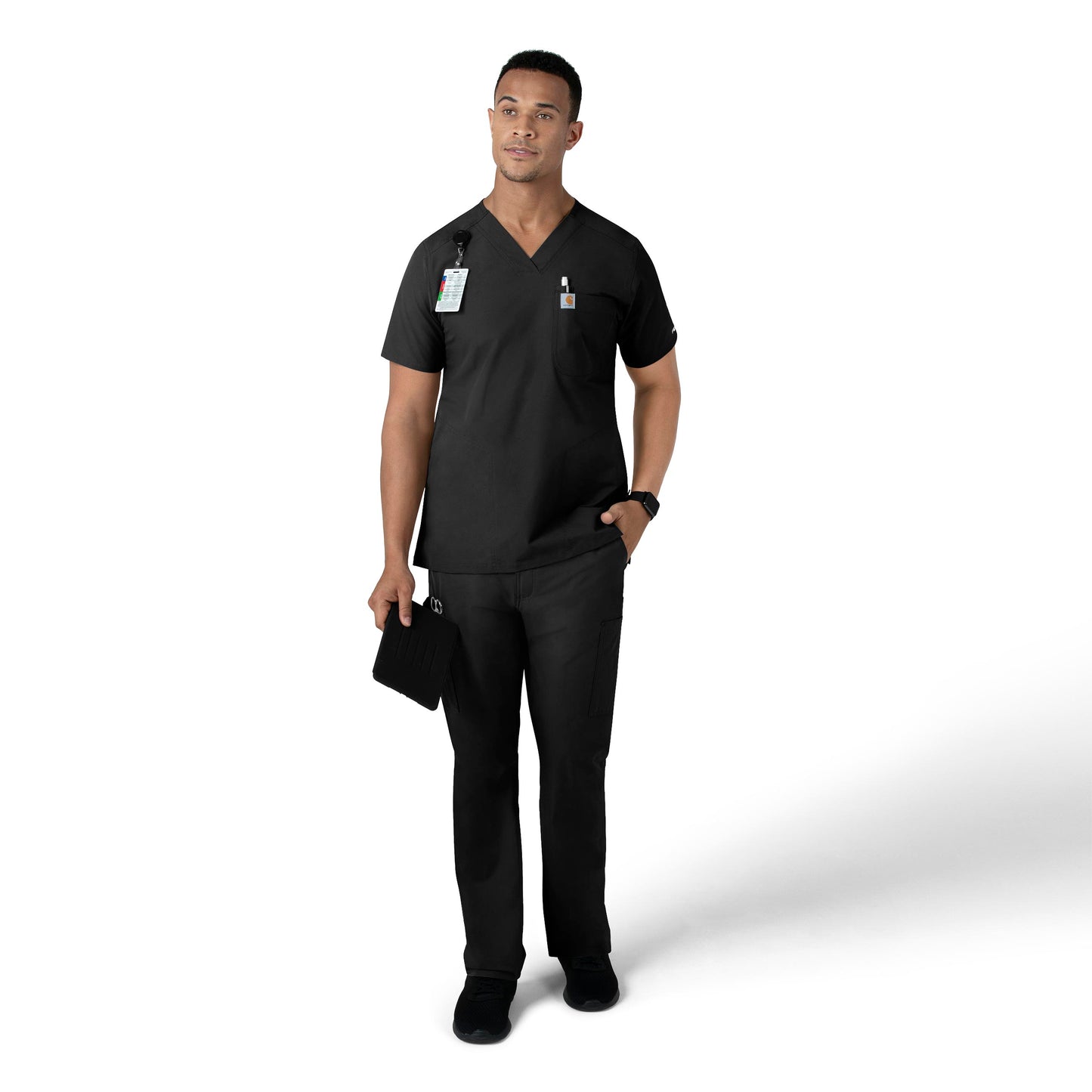 Force Essentials C16113 Men's V-Neck Shirttail Scrub Top Black Model Image Right Side | Carhartt