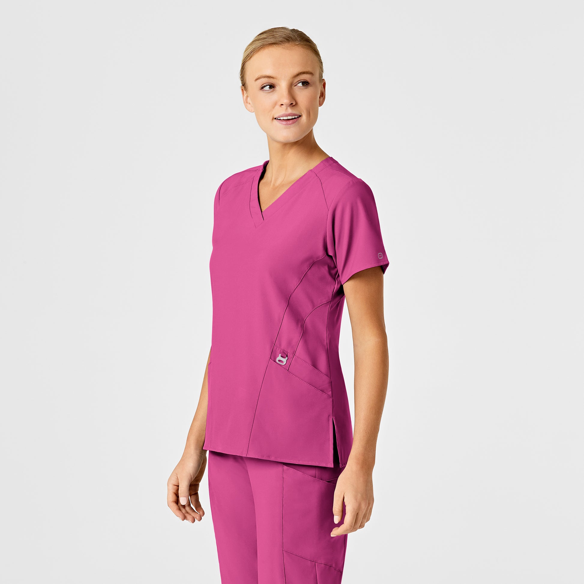 W123 6155 Stylized V-Neck Scrub Top Hot Pink Model Image Left Side | Wink