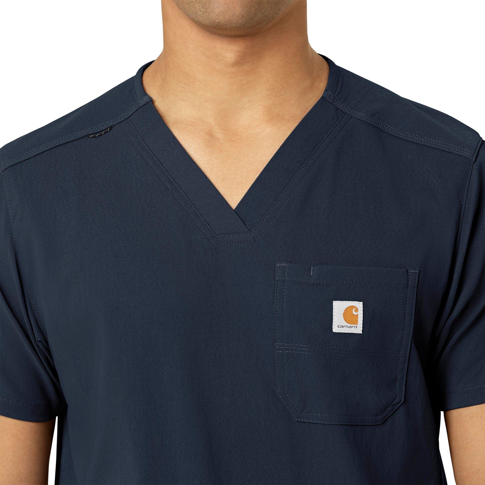 Rugged Flex Peak C15037 Men's 5-Pocket V-Neck Scrub Top Navy Model Image Left Side | Carhartt