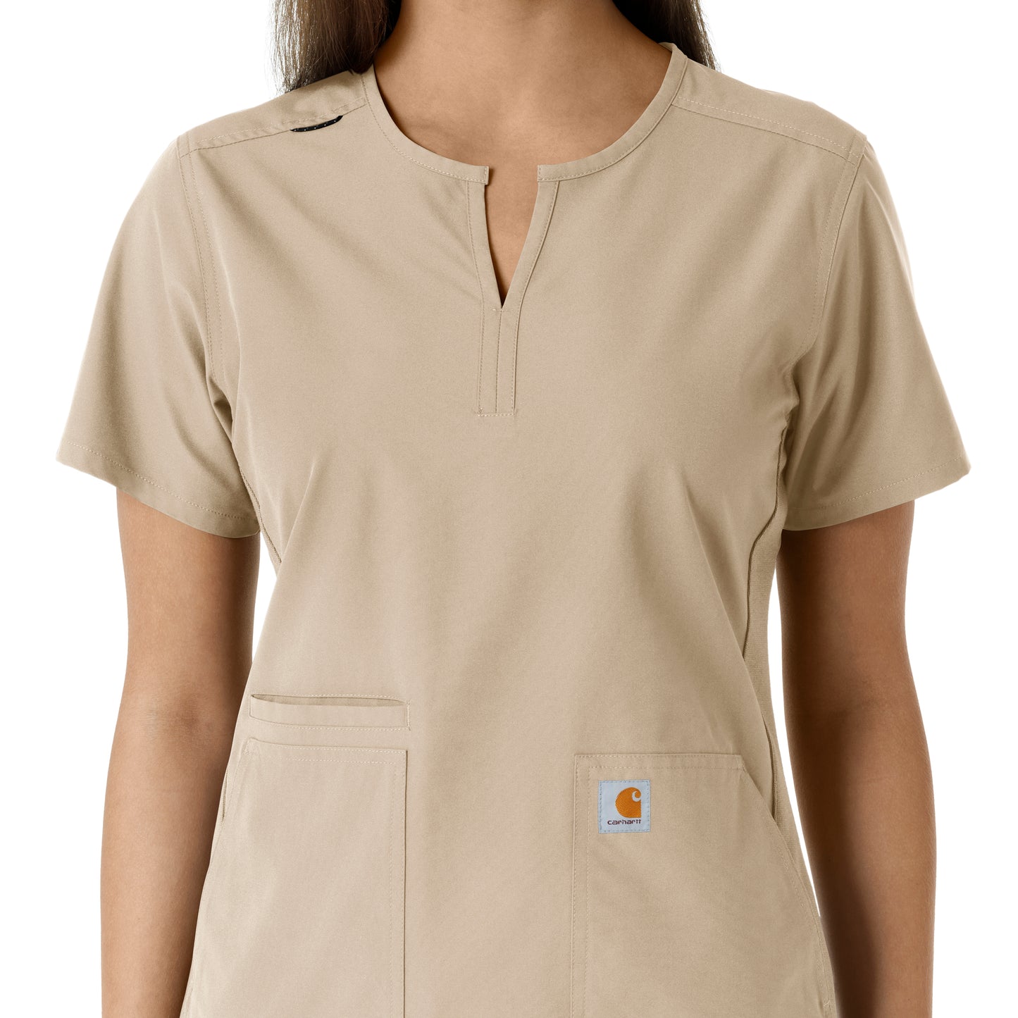 Force Essentials C12413 Notch Neck Tunic Knit Panel Scrub Top Khaki Model Image Left Side | Carhartt