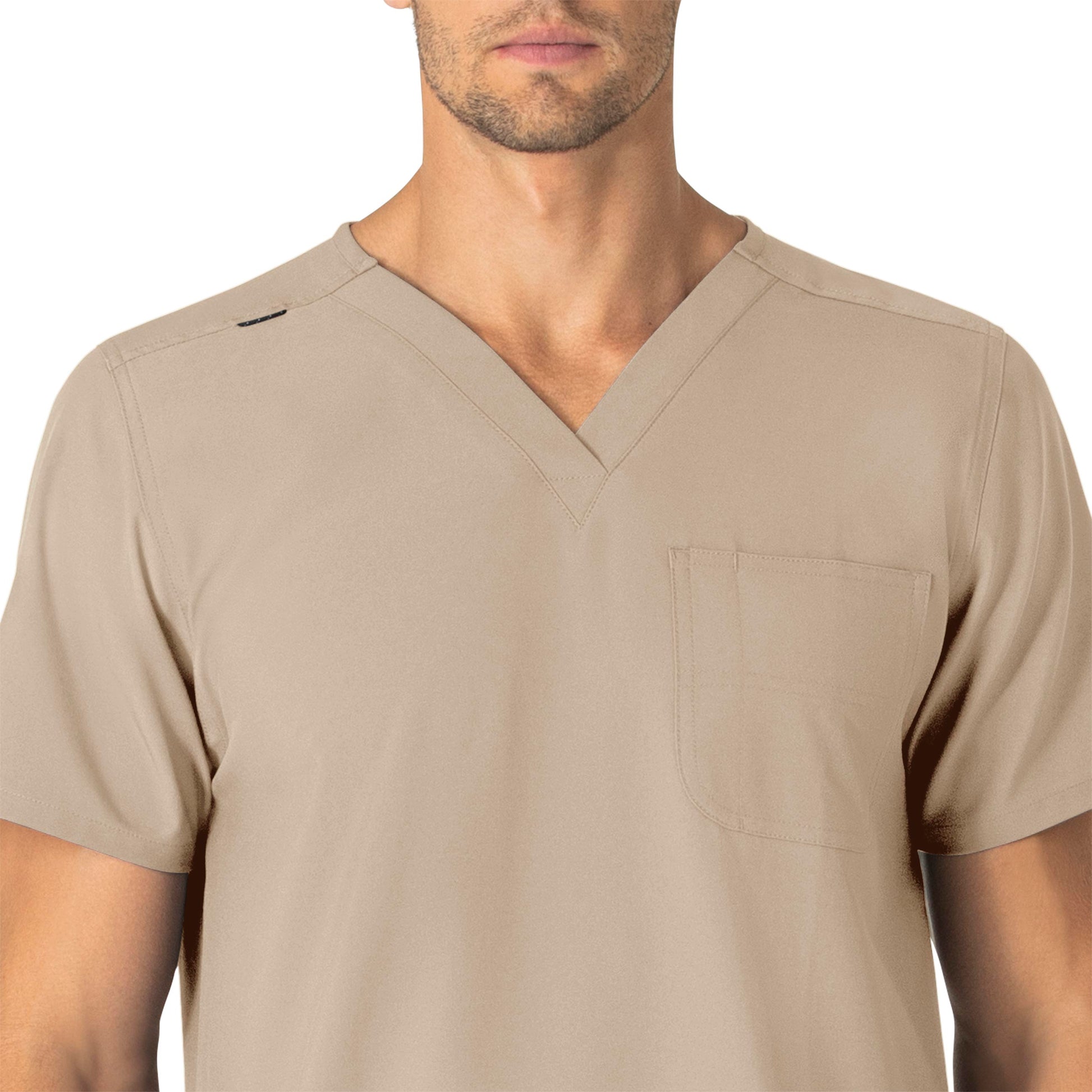 Force Essentials C15013 Unisex V-Neck 6-Pocket Scrub Top Khaki Model Image Left Side | Carhartt