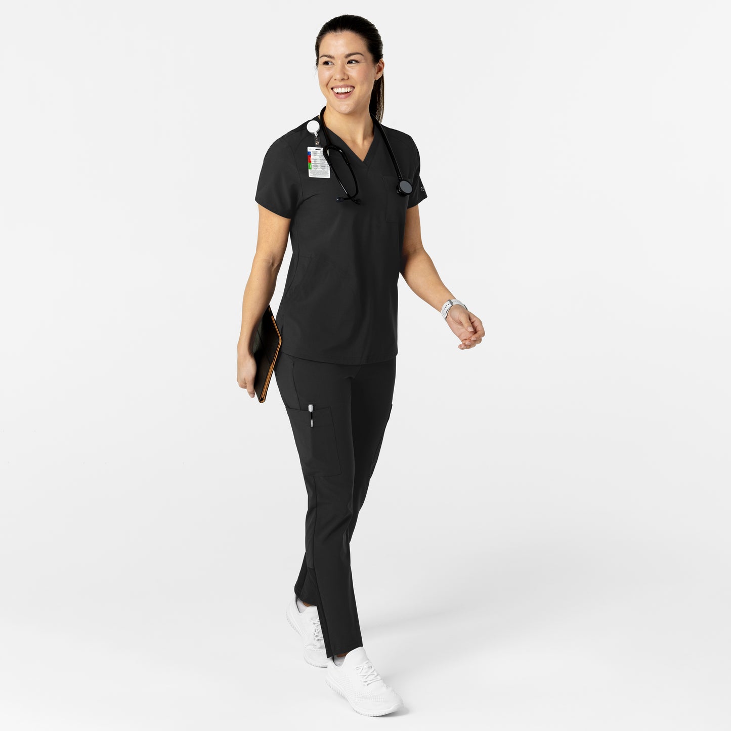 W123 6045 Flex-n-Reach V-Neck Scrub Top Black Model Image Alternate | Wink