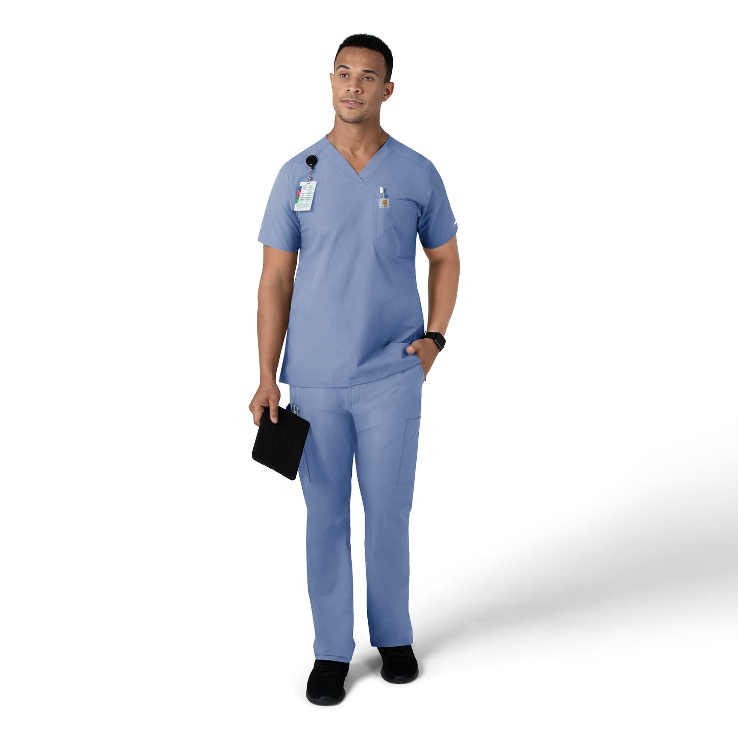 Force Essentials C16113 Men's V-Neck Shirttail Scrub Top Ceil Blue Model Image Right Side | Carhartt