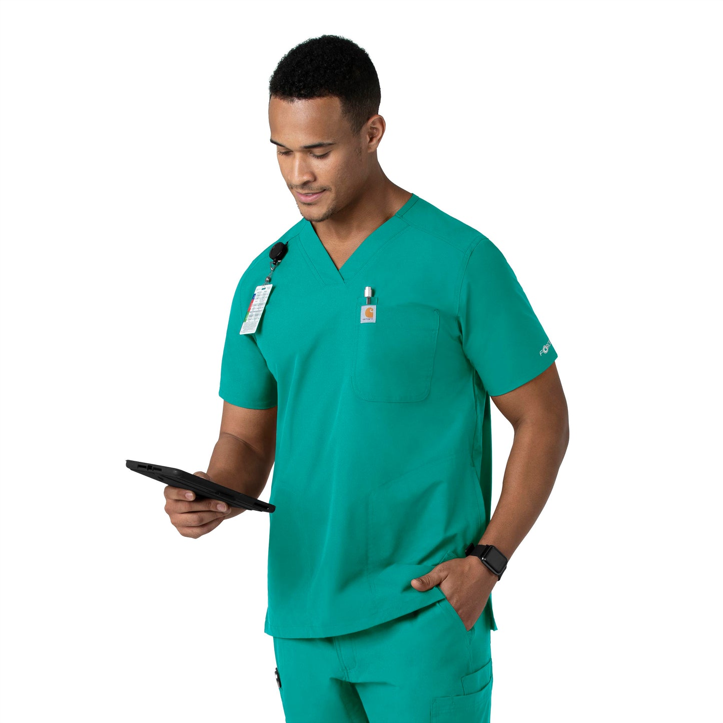 Force Essentials C16113 Men's V-Neck Shirttail Scrub Top Teal Blue Model Image Right Side | Carhartt