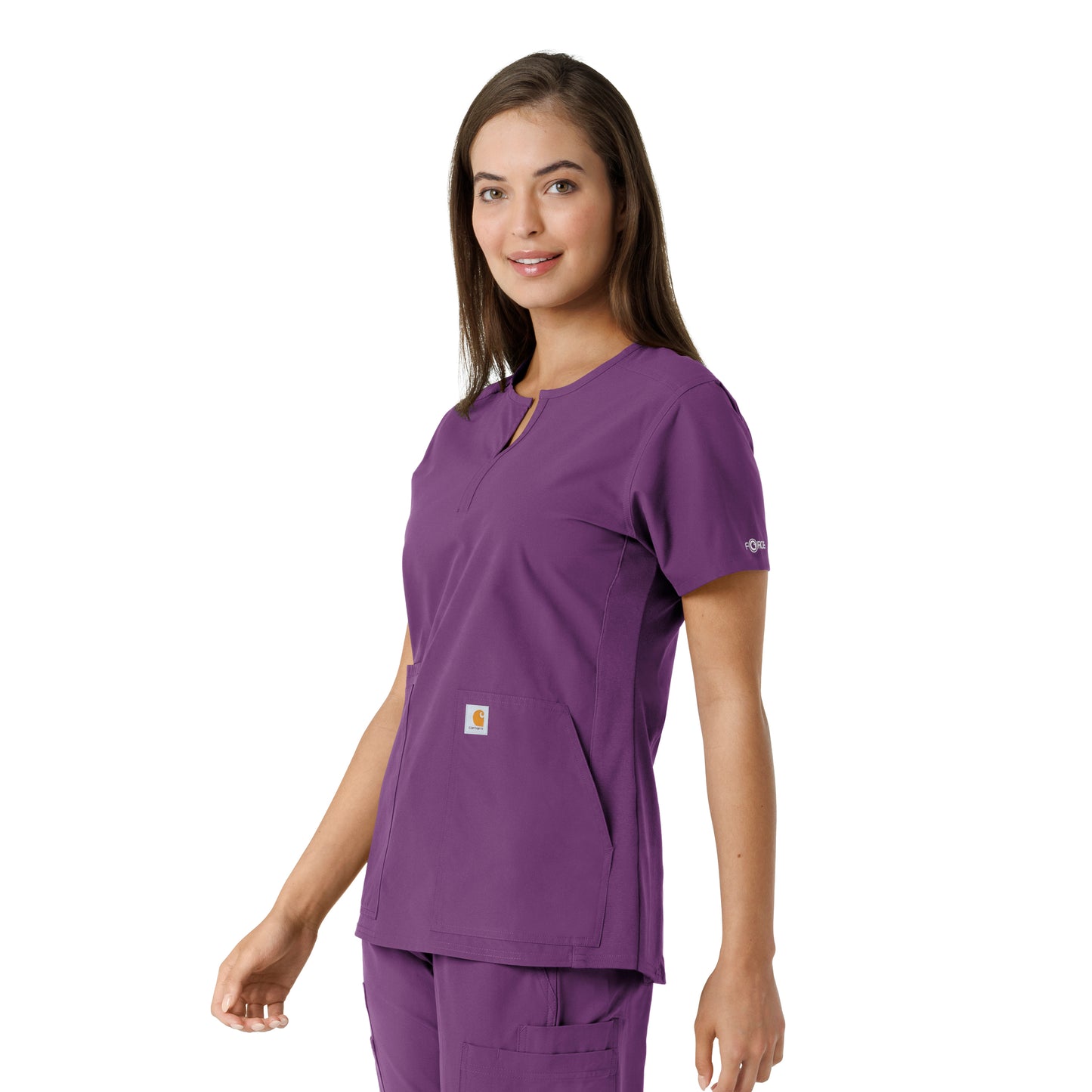 Force Essentials C12413 Notch Neck Tunic Knit Panel Scrub Top Eggplant Model Image Left Side | Carhartt