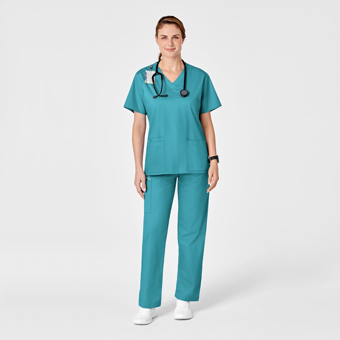 WonderWonderWORK 501 Pull-On Cargo Scrub Pant Teal Blue Model Image Right Side | Wink