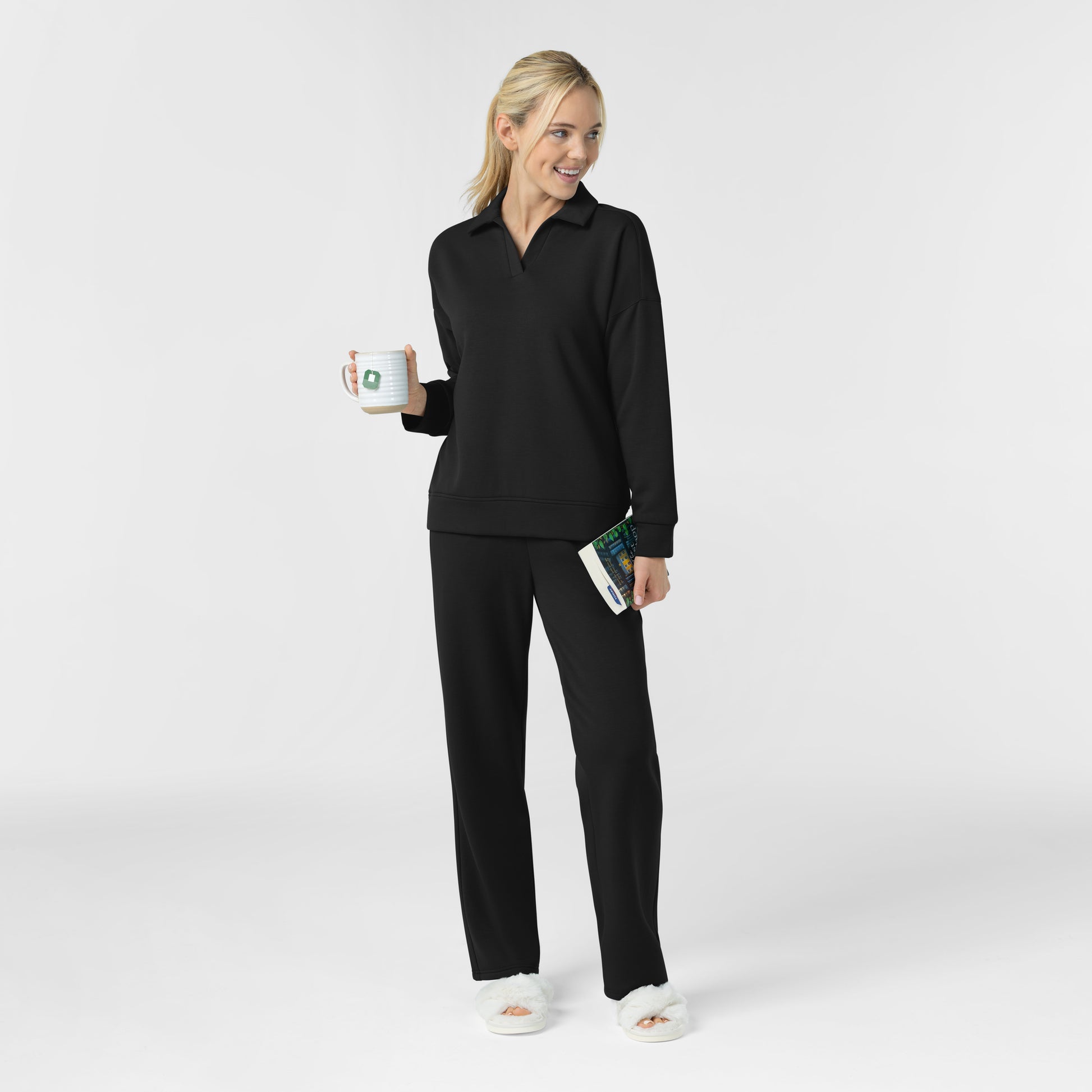 Unwind & Lounge 6189 Women's Relaxed Pullover Polo Black