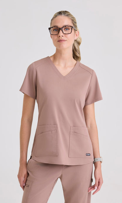 Greys Anatomy Spandex Stretch GRST011 Women's Emma Top in Warm Mocha by Barco Model Image Front