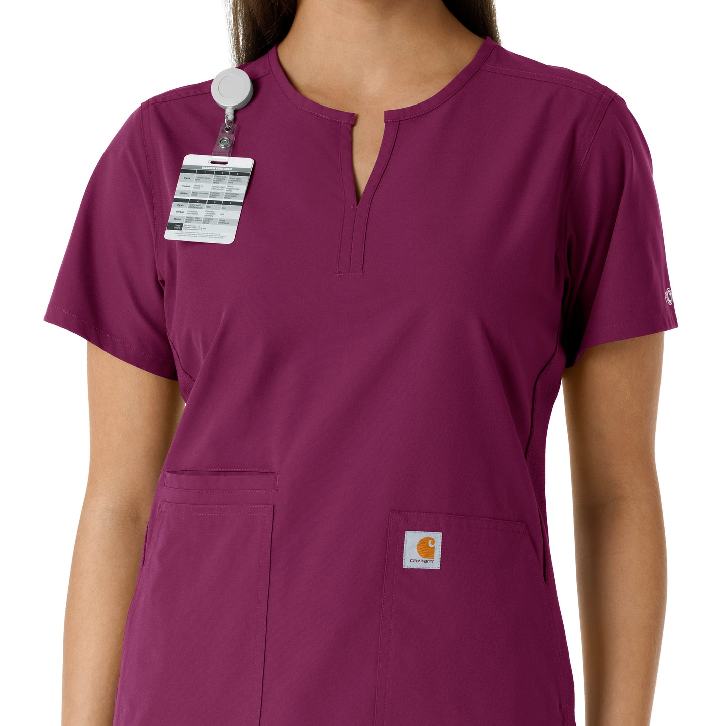 Force Essentials C12413 Notch Neck Tunic Knit Panel Scrub Top Wine Model Image Alternate | Carhartt