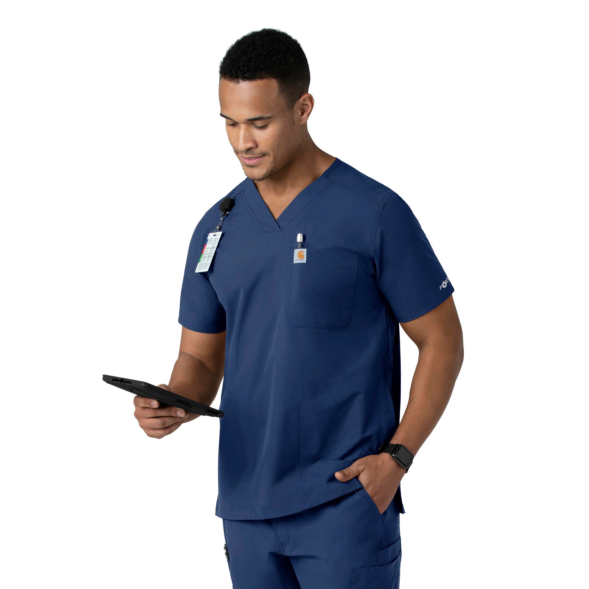 Force Essentials C16113 Men's V-Neck Shirttail Scrub Top Navy Model Image Left Side | Carhartt