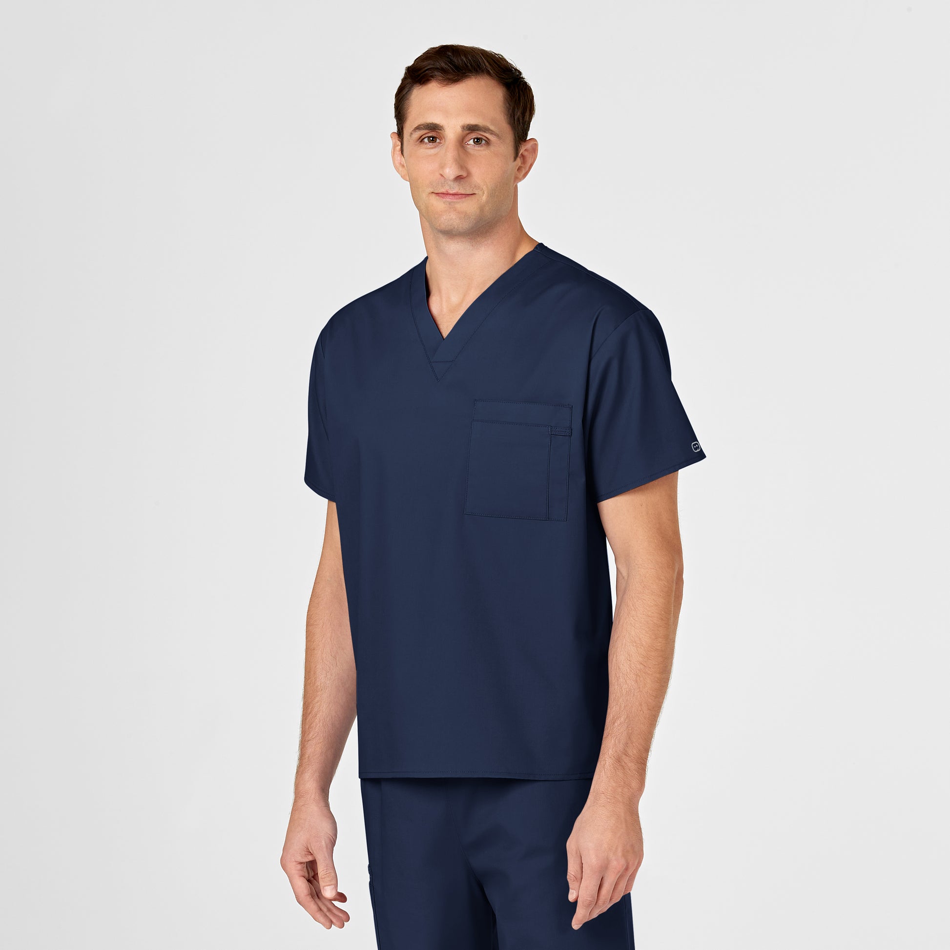 WonderWORK 100 Unisex V-Neck Scrub Top Navy Model Image Alternate | Wink