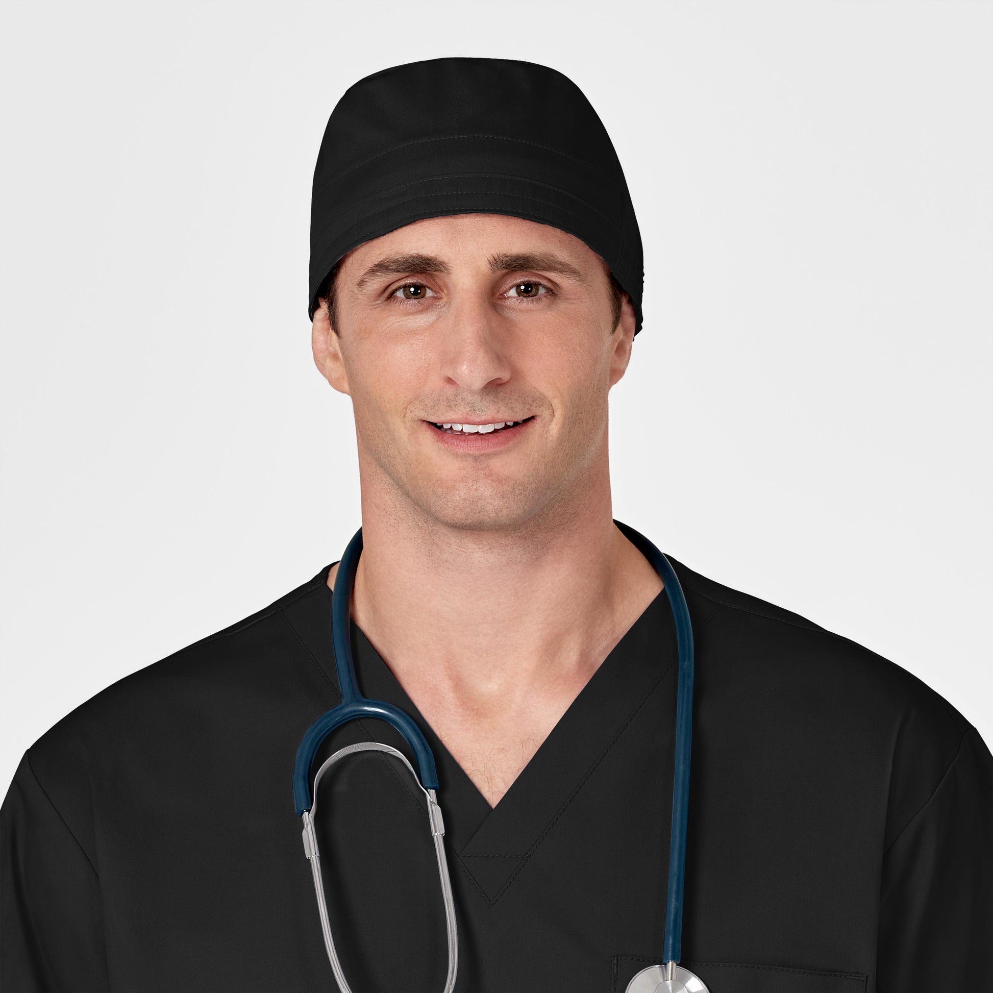 WonderWORK 400 Unisex Tie Back Scrub Cap Black Model Image Front | Wink