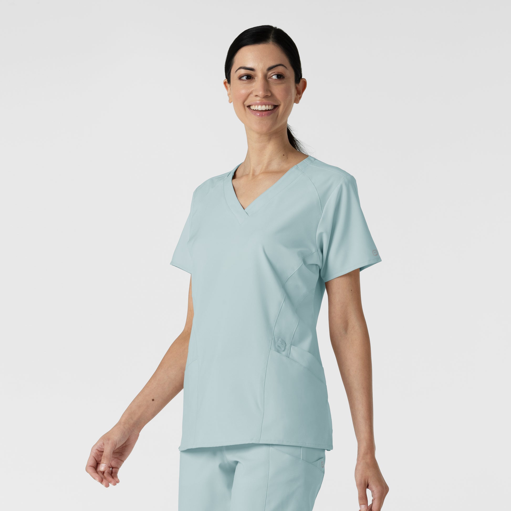 W123 6155 Stylized V-Neck Scrub Top Sky Blue Model Image Left Side | Wink