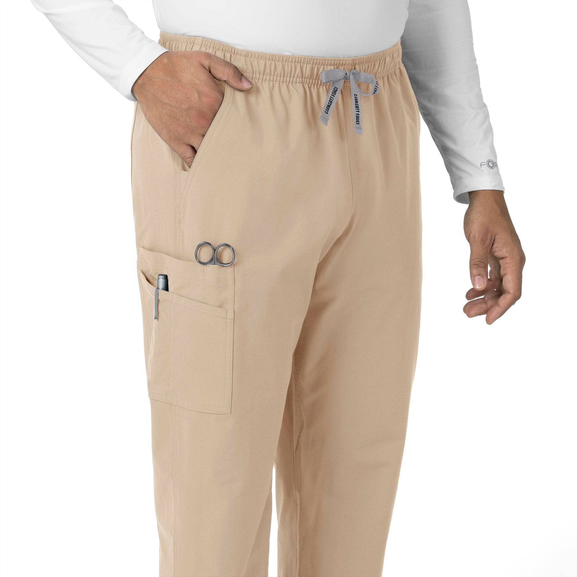 Force Essentials C55013 Unisex Elastic Waist Cargo Scrub Pants Khaki Model Image Left Side | Carhartt