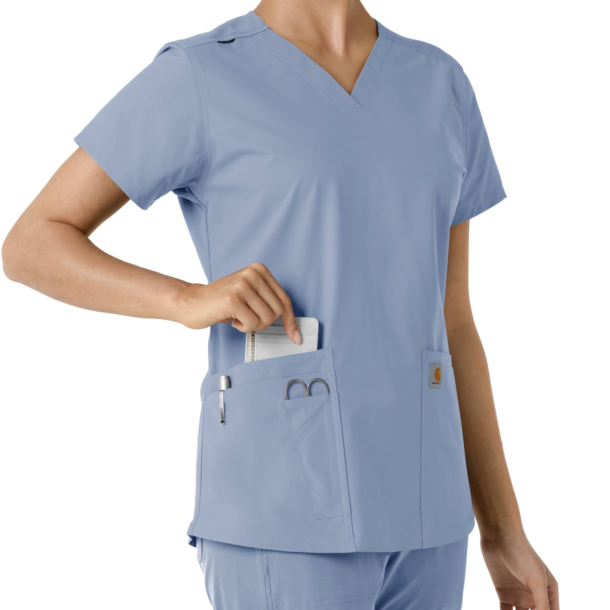 Force Essentials C12313 V-Neck Knit Panel Scrub Top Ceil Blue Model Image Alternate | Carhartt