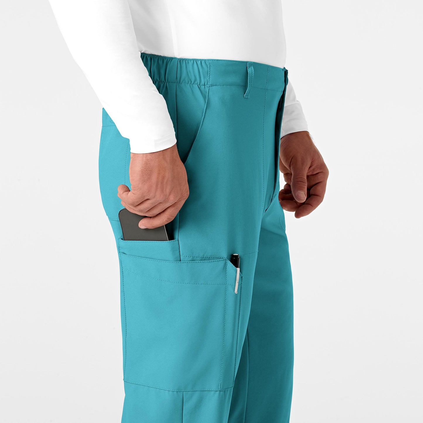 W123 5355 Men's Flat Front Cargo Scrub Pants Teal Blue Model Image Alternate | Wink