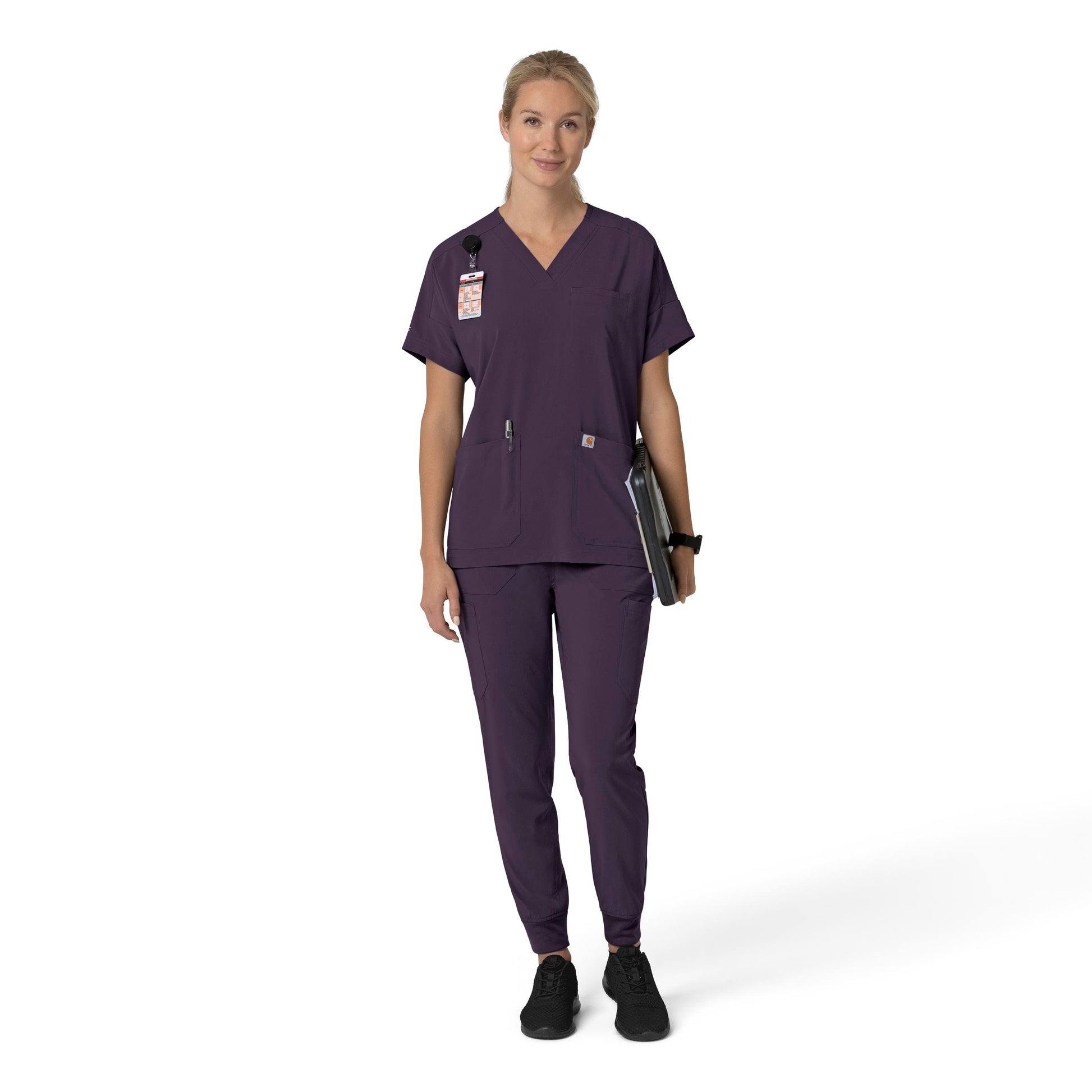 Force Cross-Flex C13110 Oversized V-Neck Scrub Top Black Plum Model Image Front | Carhartt