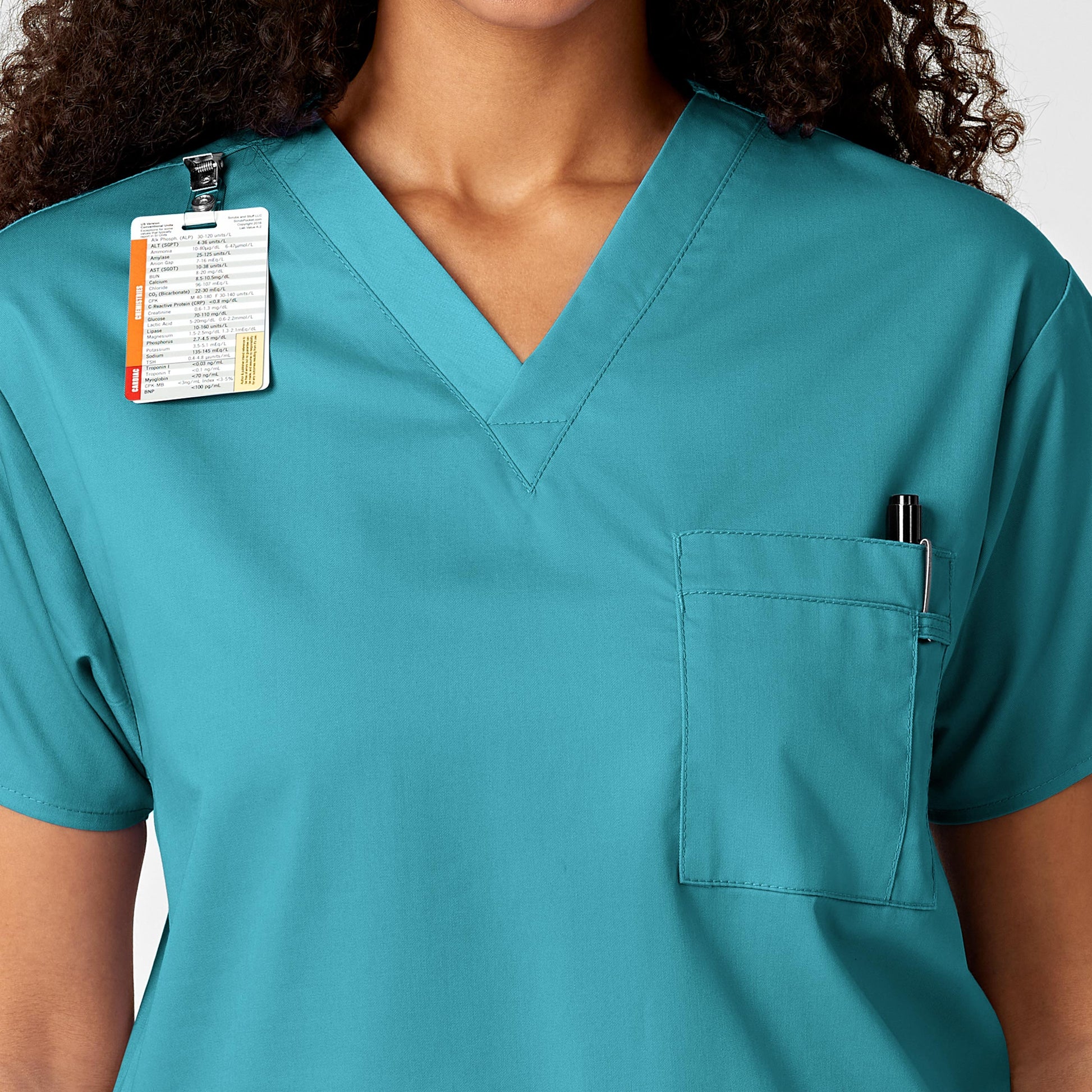 WonderWORK 100 Unisex V-Neck Scrub Top Teal Blue Model Image Alternate | Wink