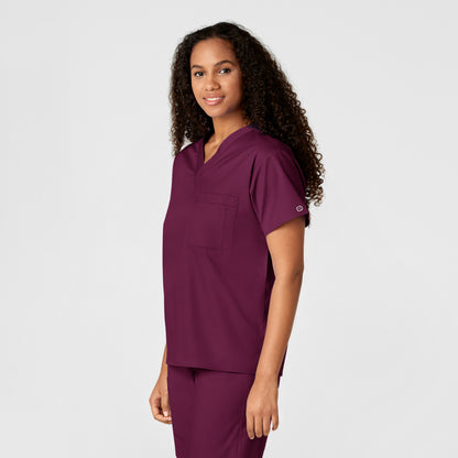 WonderWORK 100 Unisex V-Neck Scrub Top Wine Model Image Right Side | Wink