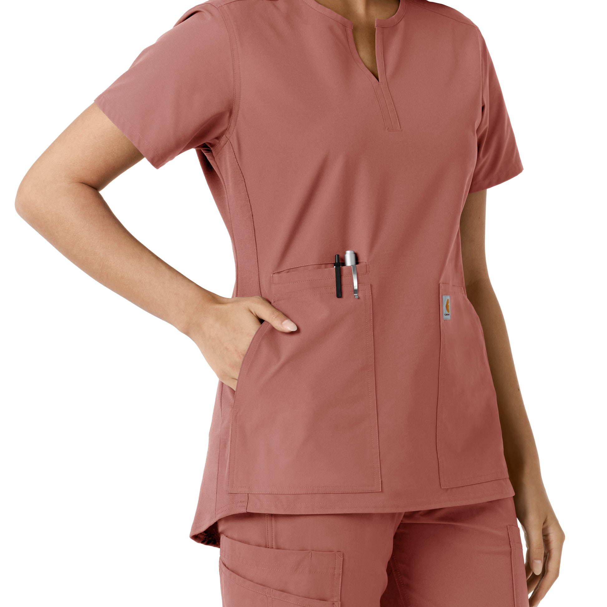 Force Essentials C12413 Notch Neck Tunic Knit Panel Scrub Top Wildrose Model Image Alternate | Carhartt