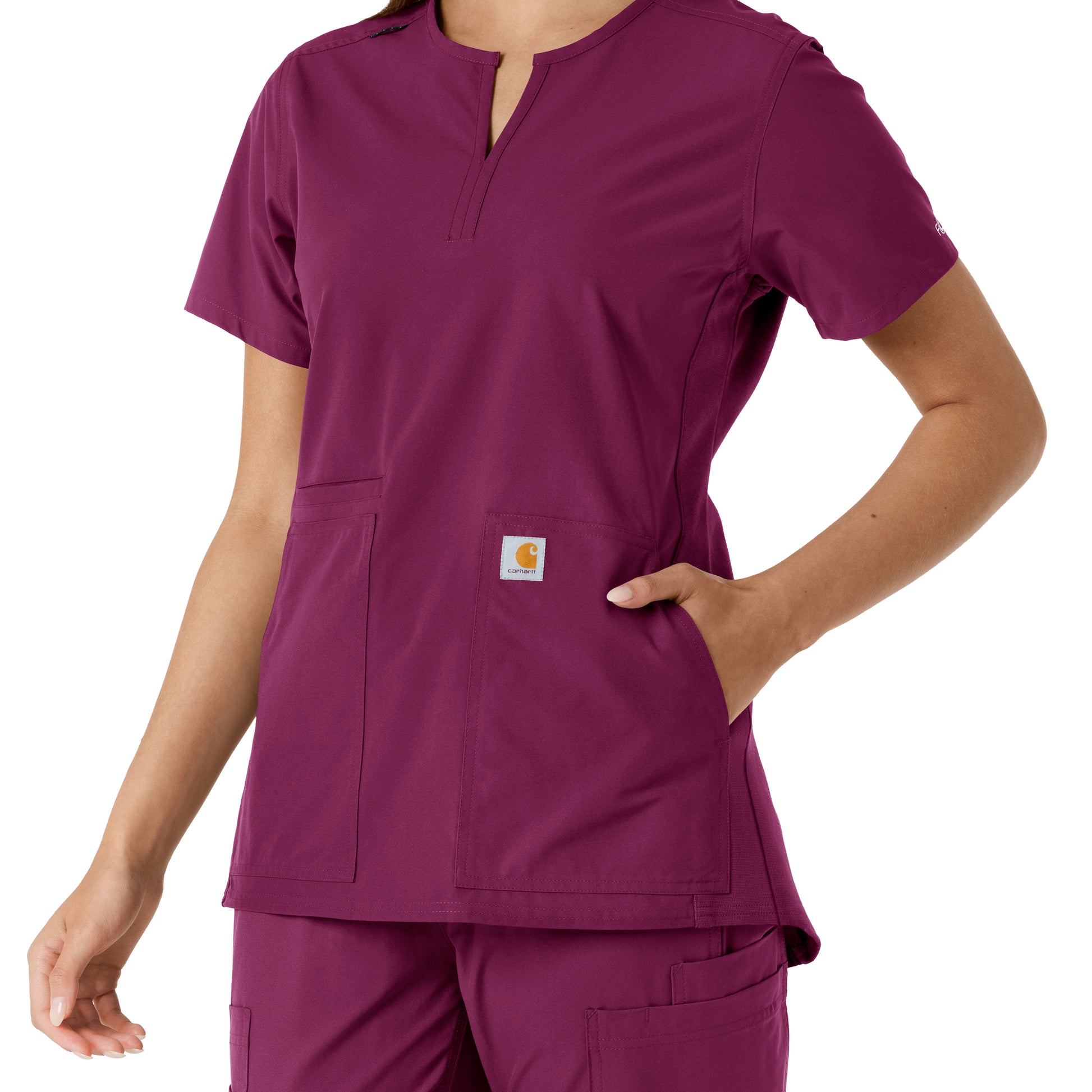 Force Essentials C12413 Notch Neck Tunic Knit Panel Scrub Top Wine Model Image Alternate | Carhartt