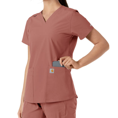 Force Essentials C12313 V-Neck Knit Panel Scrub Top Wildrose Model Image Alternate | Carhartt