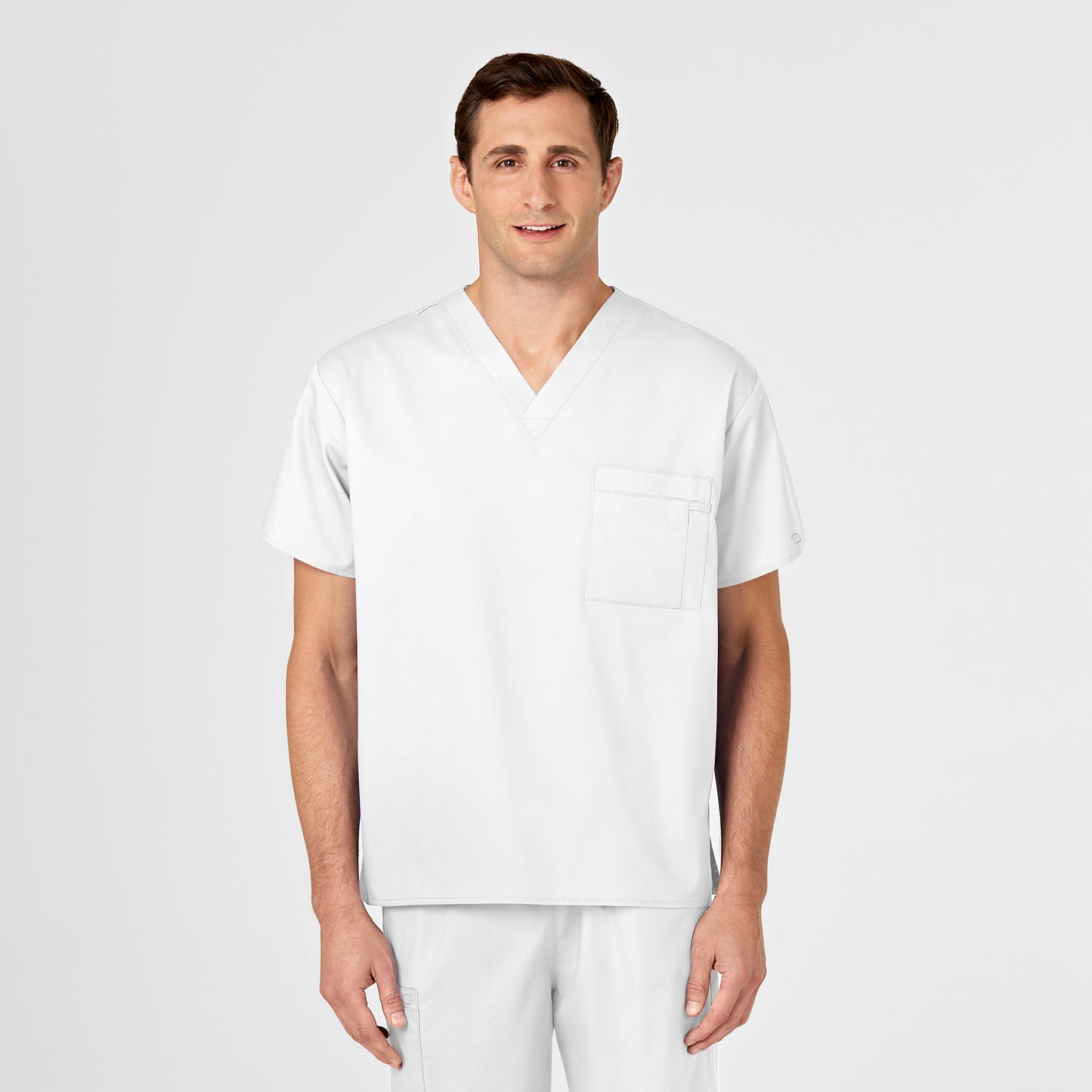 WonderWORK 100 Unisex V-Neck Scrub Top White Model Image Alternate | Wink