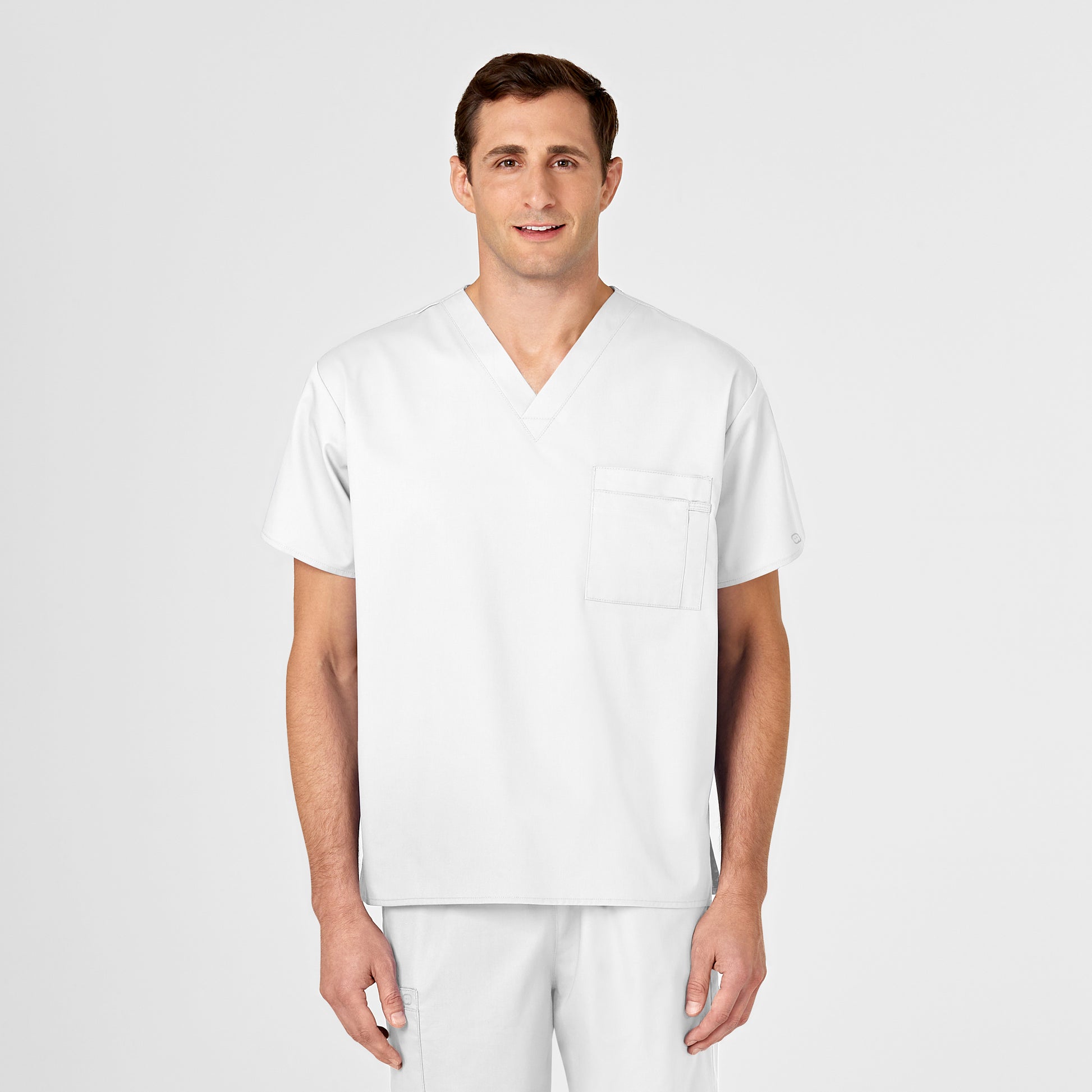 WonderWORK 100 Unisex V-Neck Scrub Top White Model Image Left Side | Wink