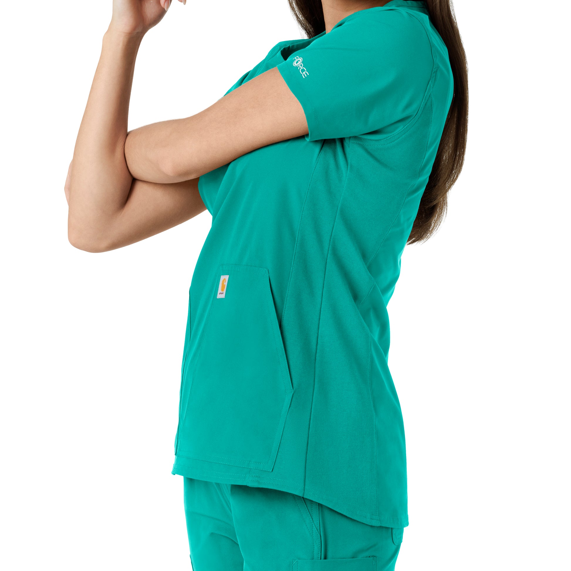 Force Essentials C12413 Notch Neck Tunic Knit Panel Scrub Top Teal Model Image Alternate | Carhartt