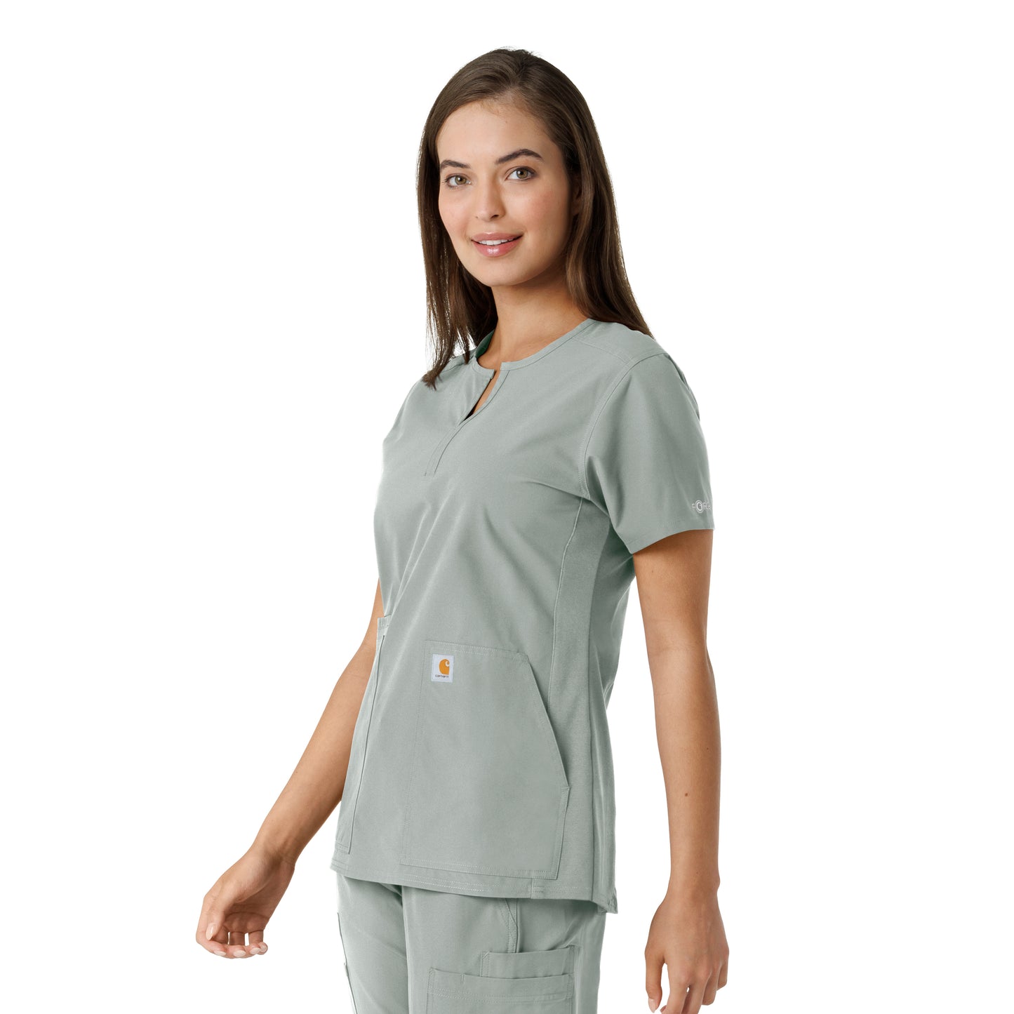 Force Essentials C12413 Notch Neck Tunic Knit Panel Scrub Top Grey Model Image Left Side | Carhartt